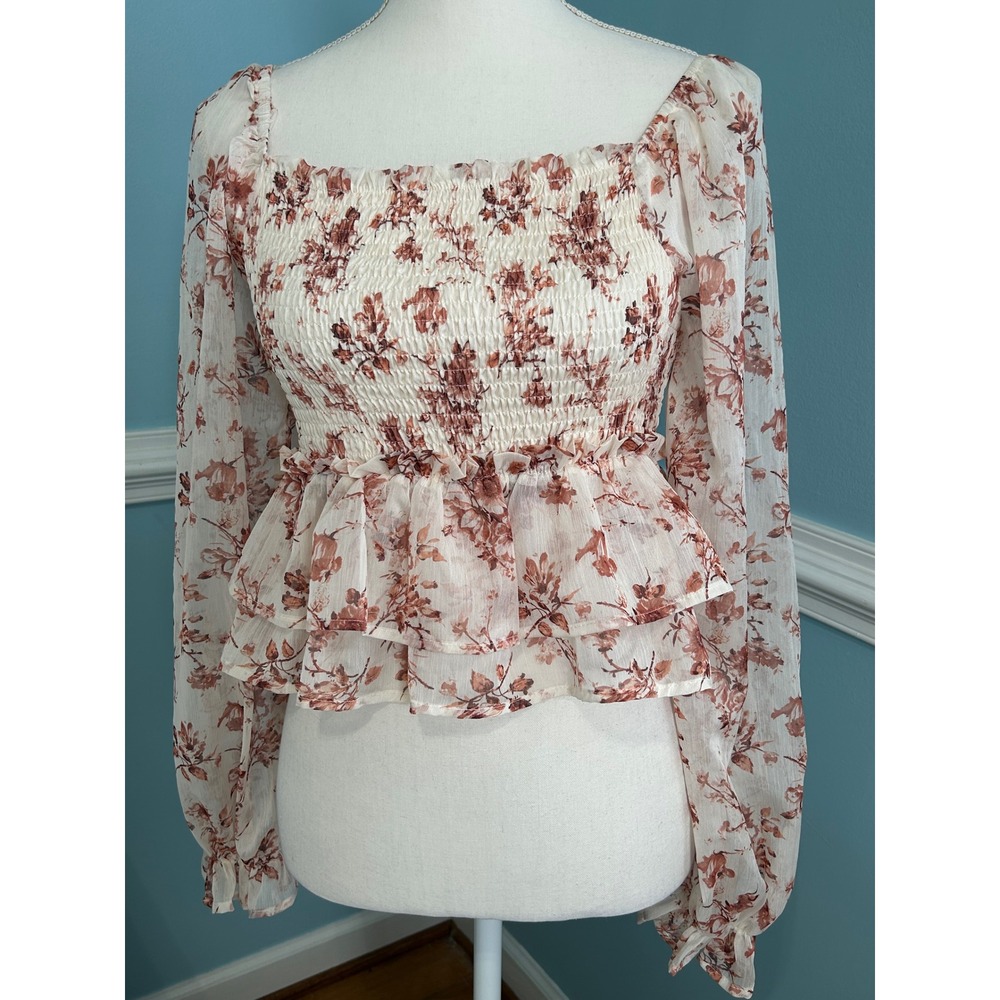 Altar'd State Floral Smocked Crop Top Long Sleeve Ruffle Hem Small Boho Cream